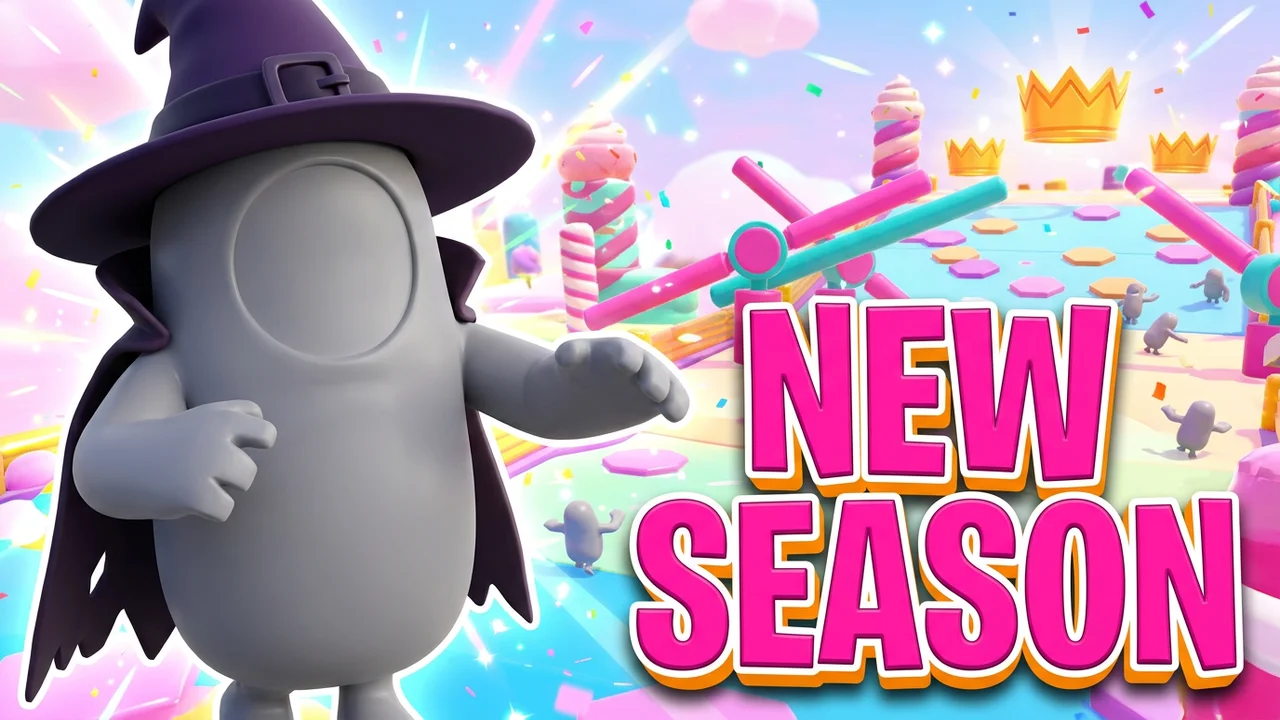 Fall Guys new season thumbnail template, a bean in a witch hat and cape in front of a candy level with spinning bars and crowns, NEW SEASON text