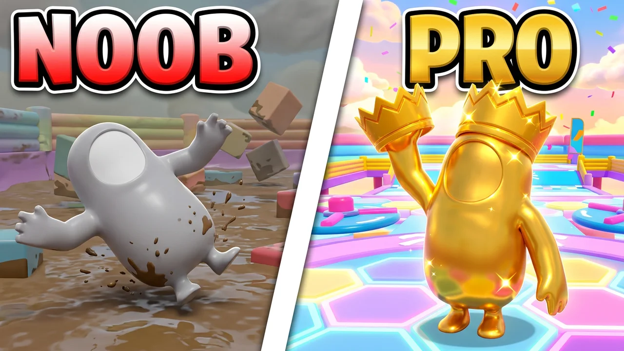 Fall Guys noob vs pro thumbnail template, a grey bean slipping in mud on the left and a shiny gold bean holding a crown on a bright course on the right, NOOB and PRO text