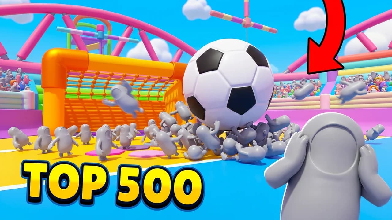 Fall Guys funny fails thumbnail template, a crowd of beans knocked over by a giant football in front of a goal, one bean holding its head in the corner, TOP 500 text