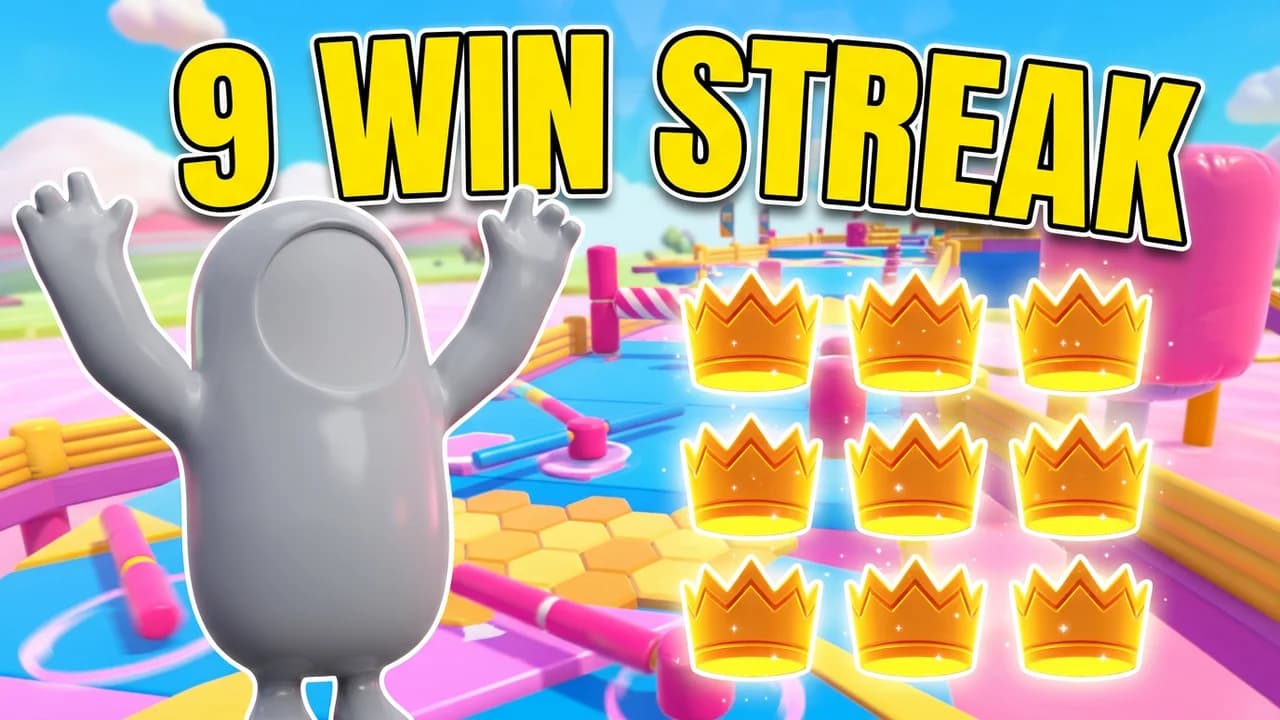 Fall Guys win streak thumbnail template, a grey bean with both arms raised on a pastel obstacle course beside a grid of nine golden crowns, 9 WIN STREAK text