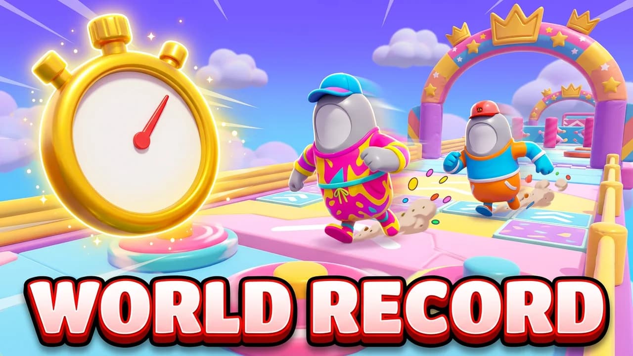 Fall Guys world record thumbnail template, two beans in bright outfits racing toward a finish arch with a big gold stopwatch on the left, WORLD RECORD text