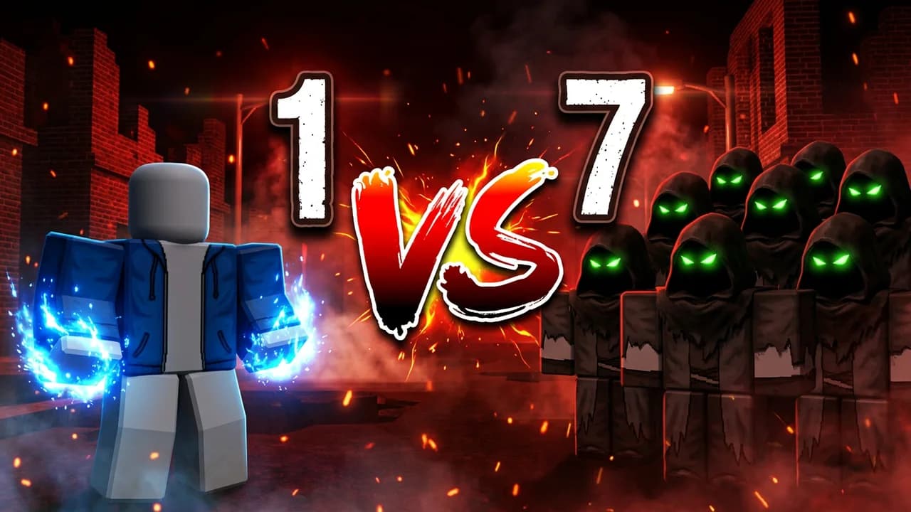 Roblox Forsaken 1 vs 7 thumbnail template, a player in a blue jacket with glowing blue fists on the left facing a crowd of hooded killers with glowing green eyes on the right, 1 VS 7 text