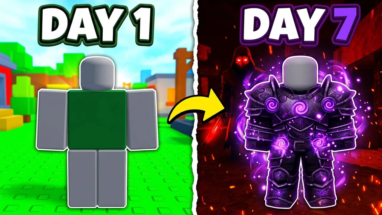 Roblox Forsaken day 1 vs day 7 thumbnail template, a plain player on a bright green baseplate on the left, a yellow arrow to the same player in dark armour with glowing purple swirls on a red map on the right, DAY 1 and DAY 7 text