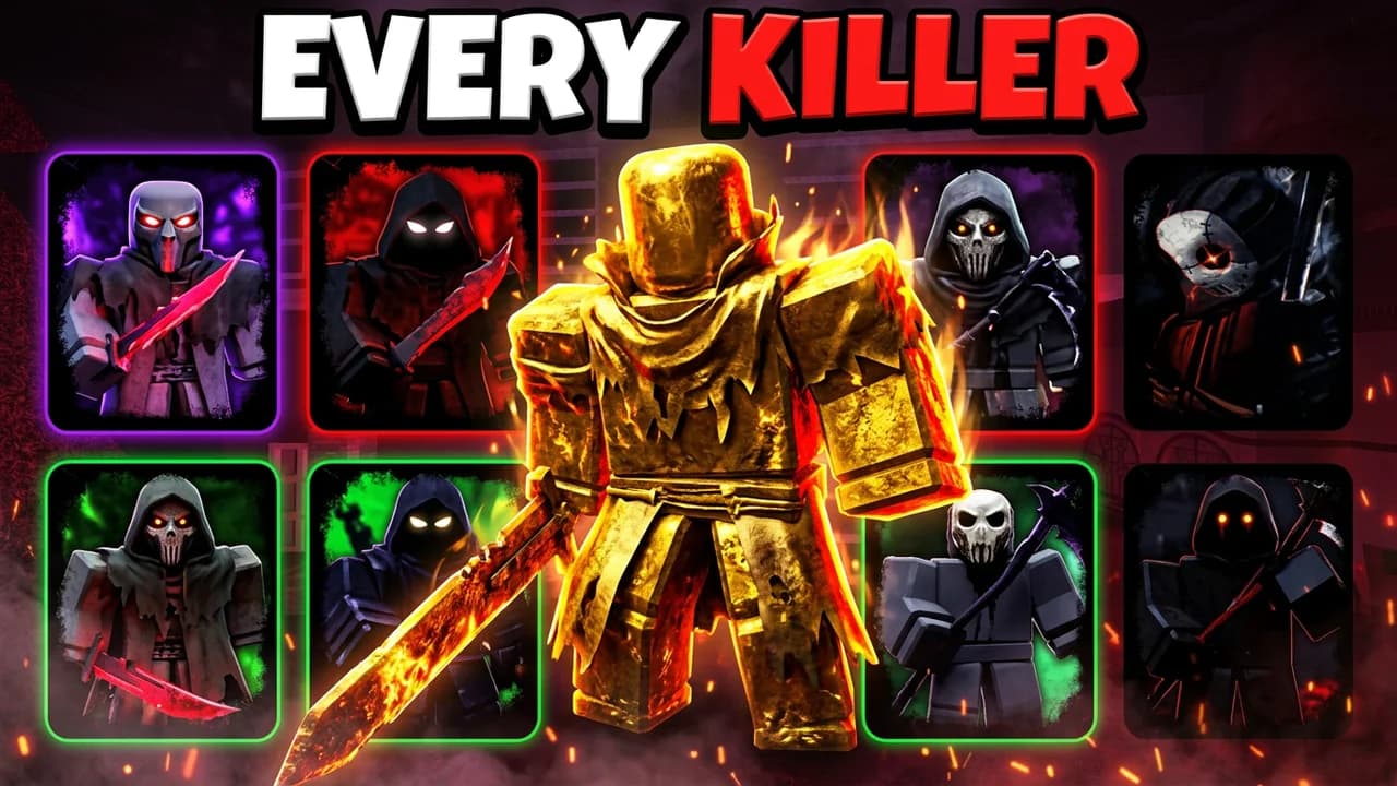 Roblox Forsaken every killer thumbnail template, a grid of hooded and masked killer cards in purple, red and green frames with a big golden killer holding a flaming blade in the middle, EVERY KILLER text