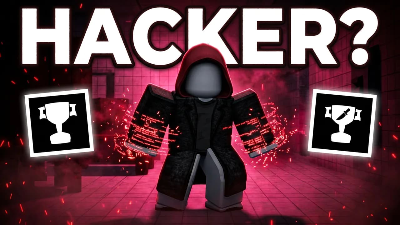 Roblox Forsaken hacker thumbnail template, a player in a black coat and red hood with glowing red code around their arms in a pink lit room, two trophy icons either side, HACKER? text