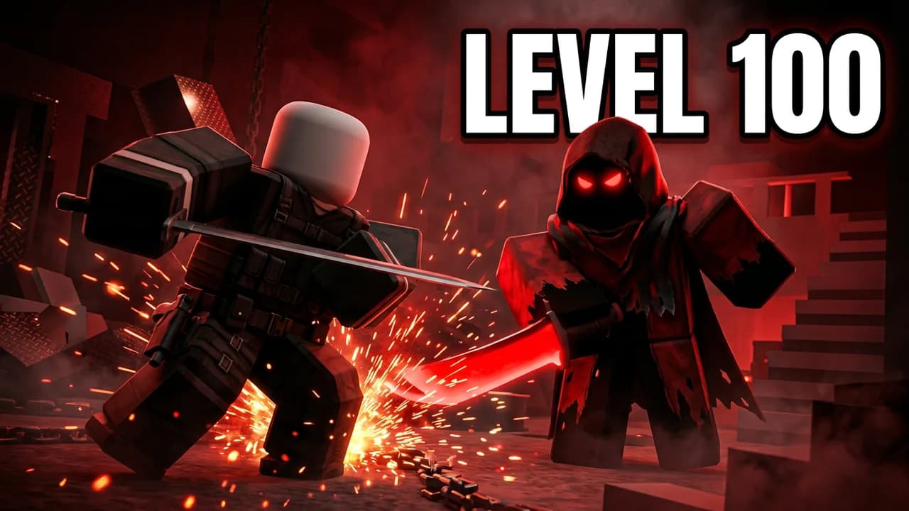 Roblox Forsaken level 100 thumbnail template, a player swinging a sword at a red hooded killer with a glowing red blade, sparks flying on a dark red map, LEVEL 100 text