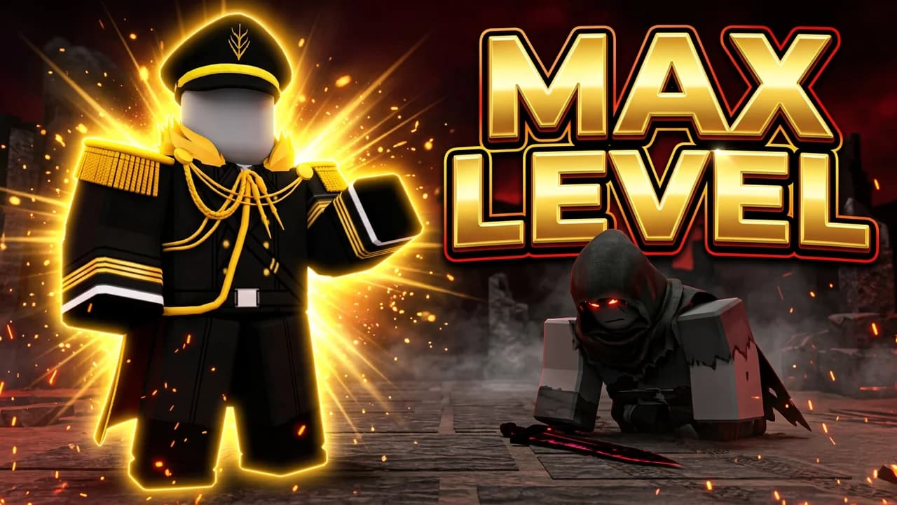 Roblox Forsaken max level thumbnail template, a player in a gold-trimmed officer coat and cap glowing gold, a beaten hooded killer on the ground behind, MAX LEVEL text in gold