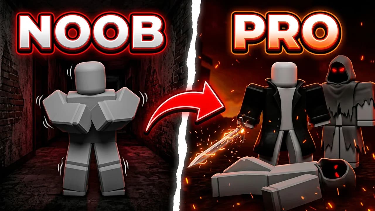 Roblox Forsaken noob vs pro thumbnail template, a nervous player in a dark brick hallway on the left, the same player in a black coat with a glowing sword standing over a beaten hooded killer on the right, a red arrow and NOOB and PRO text