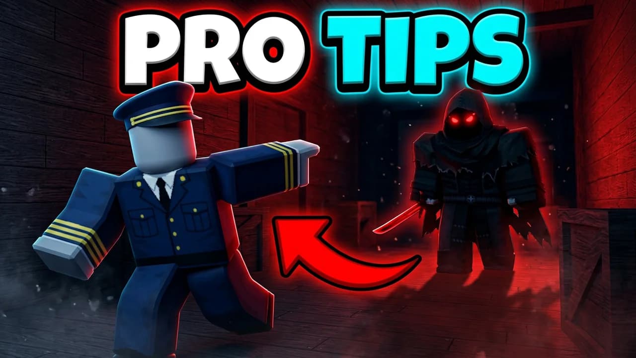 Roblox Forsaken pro tips thumbnail template, a player in a blue officer uniform pointing, a red curved arrow to a hooded killer with a red blade in a dark wooden room, PRO TIPS text