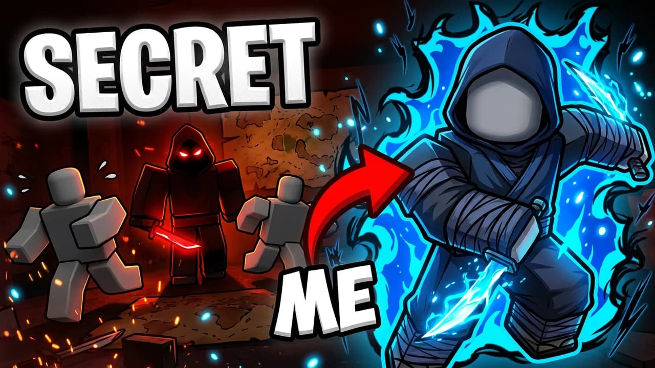 Roblox Forsaken secret survivor thumbnail template, a player in a blue ninja hood glowing with blue energy and holding blades, a red arrow pointing at them, a killer chasing two players behind, SECRET and ME text