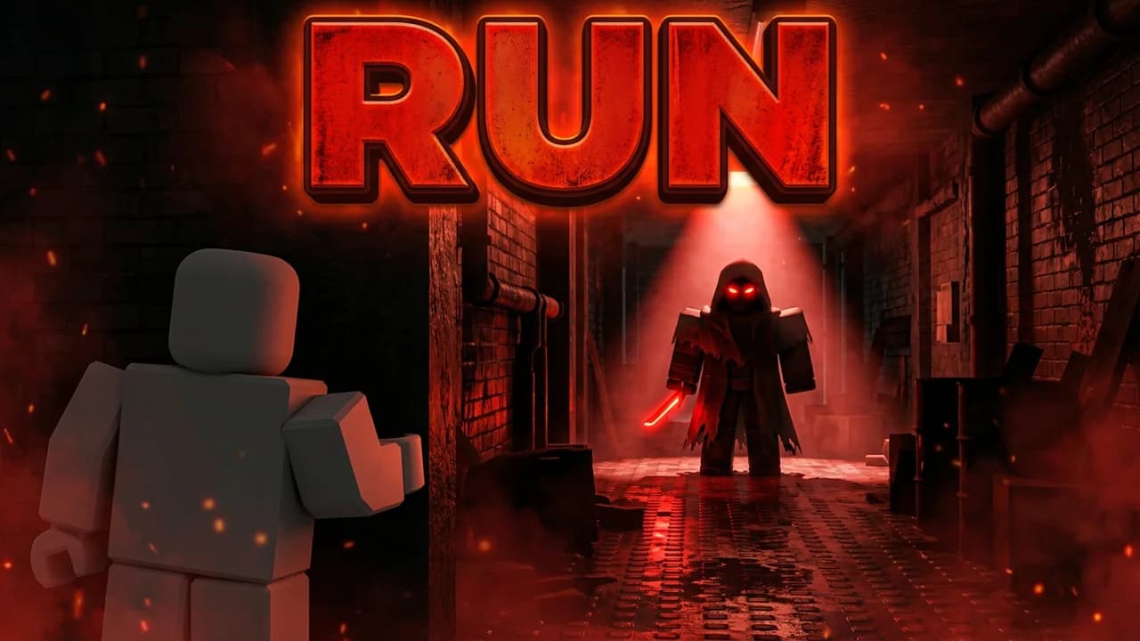 Roblox Forsaken killer thumbnail template, a hooded killer with glowing red eyes and a red blade under a red light at the end of a dark brick corridor, a player peeking around the wall in the foreground, RUN text