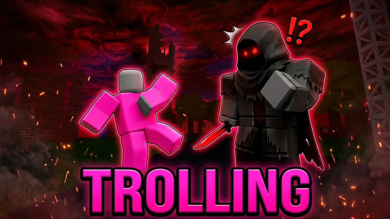 Roblox Forsaken trolling thumbnail template, a player in a bright pink outfit dancing in front of a surprised hooded killer with a red blade under a red sky, TROLLING text in pink