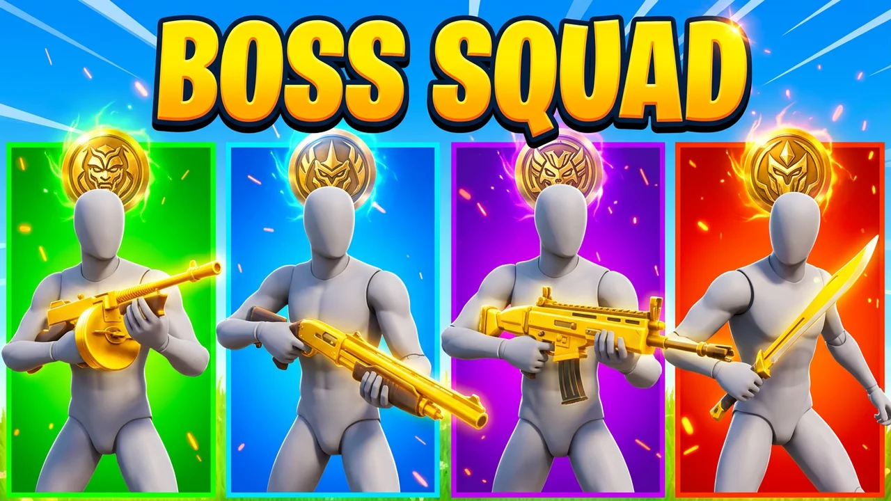 Fortnite boss squad thumbnail template, four players in green, blue, purple and red panels each holding a gold mythic weapon under a glowing boss medallion, BOSS SQUAD text