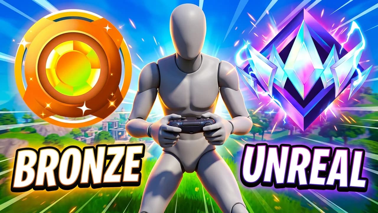 Fortnite ranked speedrun thumbnail template, a player holding a controller between a bronze rank badge and a glowing Unreal rank badge, BRONZE and UNREAL text