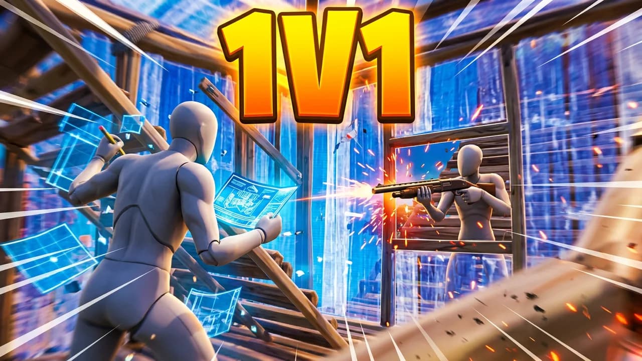 Fortnite 1v1 build fight thumbnail template, one player editing a blue build wall while the other fires a shotgun through a window, big orange 1V1 text