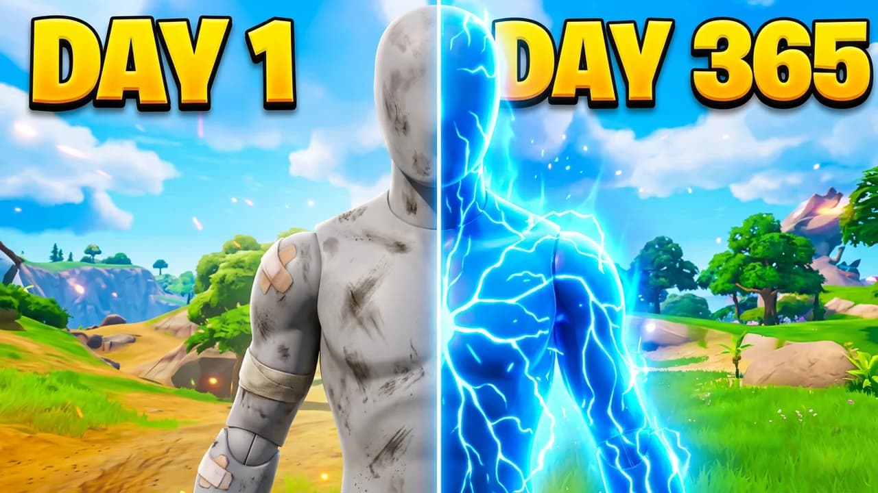 Fortnite day 1 vs day 365 progression thumbnail template, one player split down the middle, battered and bandaged on the left and crackling with blue lightning on the right