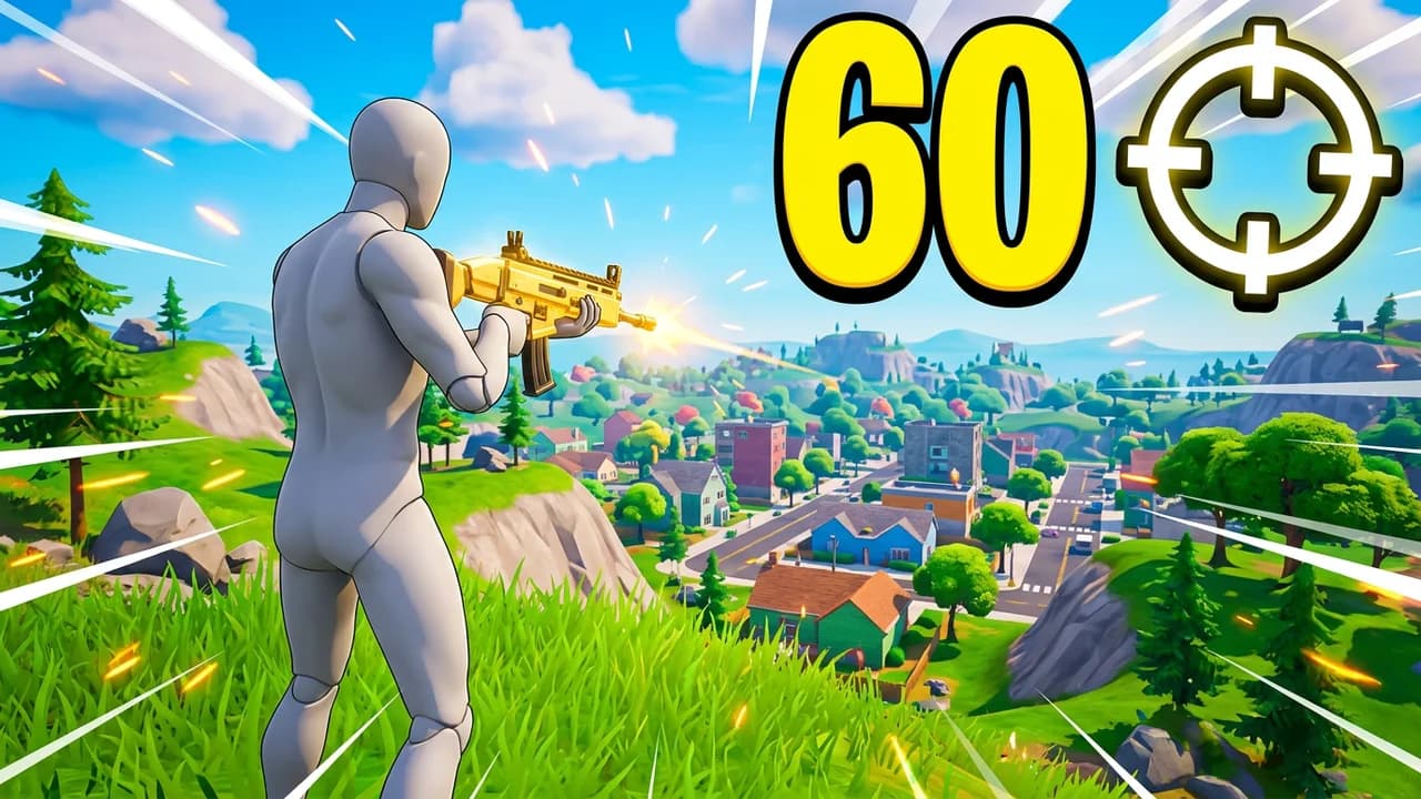 Fortnite high kill game thumbnail template, a player firing a gold rifle on a hill above a colourful town, big yellow 60 and a crosshair icon