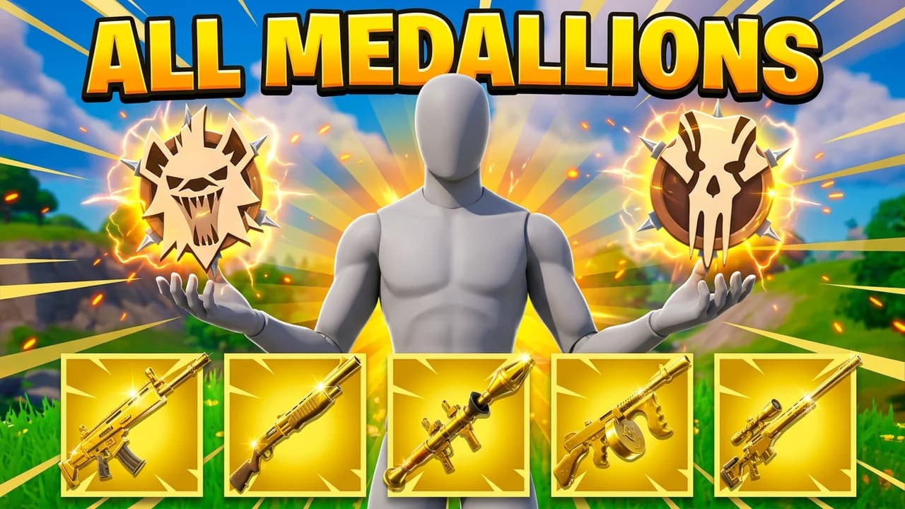Fortnite medallion challenge thumbnail template, a player holding a glowing boss medallion over each hand above a row of five gold weapon slots, ALL MEDALLIONS text