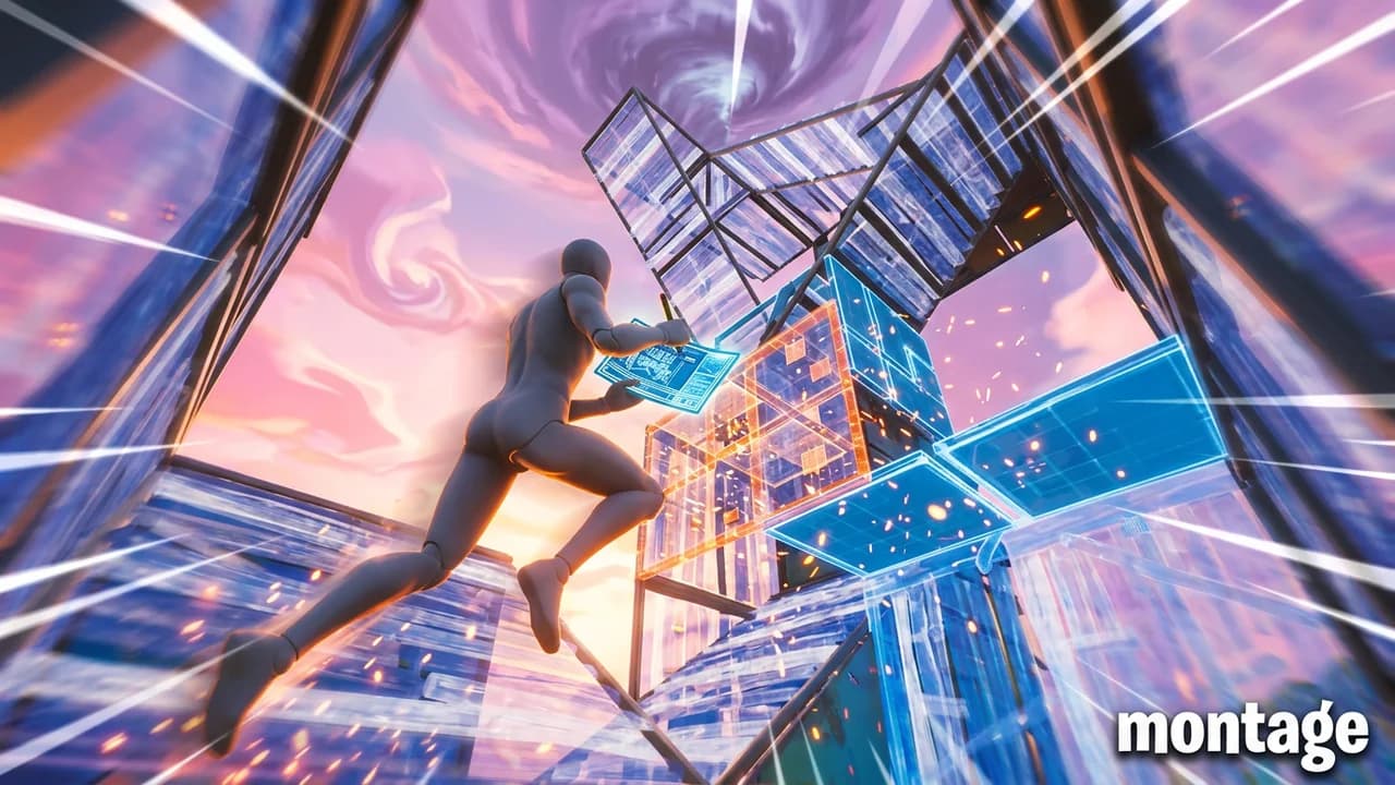Fortnite montage thumbnail template, a player mid-edit inside a tall glowing build of ramps and walls from a low angle under a pastel sky, small lowercase montage text