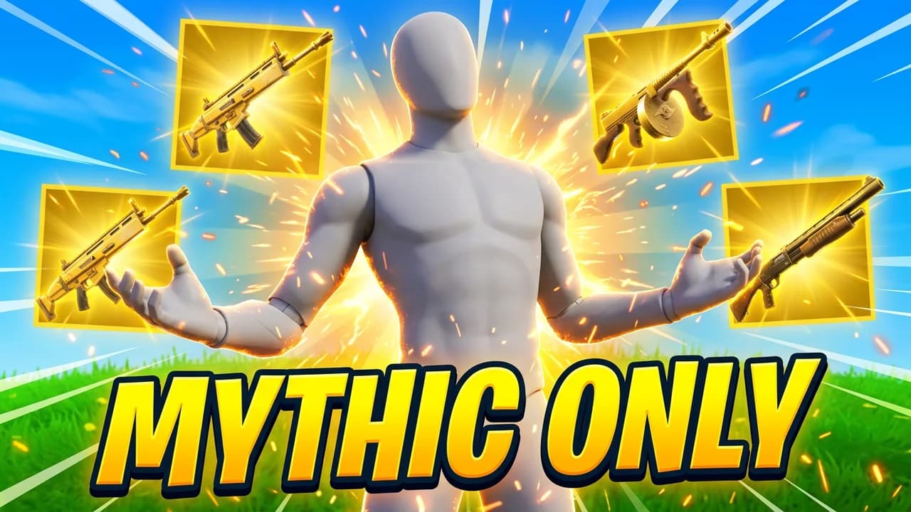 Fortnite mythic only challenge thumbnail template, a player with arms wide in a burst of golden light surrounded by floating gold mythic weapons, MYTHIC ONLY text