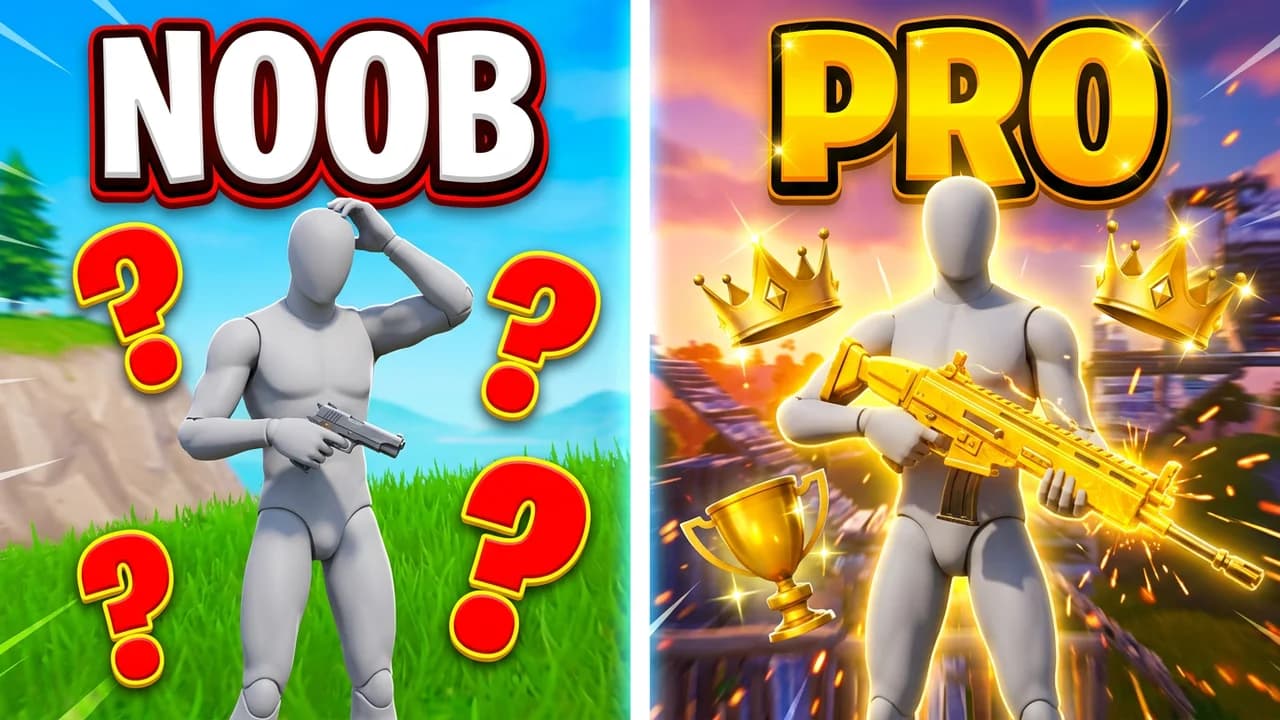 Fortnite noob vs pro thumbnail template, a confused player with a grey pistol and red question marks on the left and the same player with a gold rifle, crowns and a trophy on the right