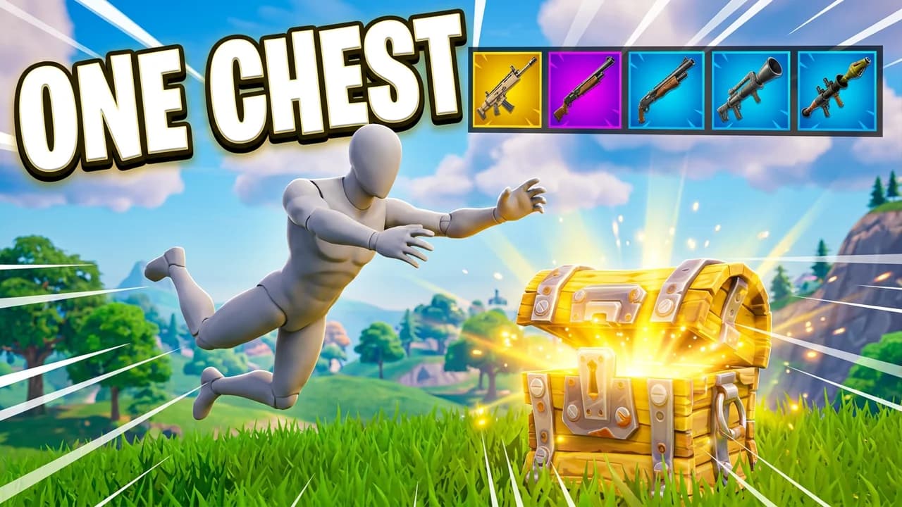 Fortnite one chest challenge thumbnail template, a player diving toward a glowing gold loot chest on the grass with a row of five weapon slots across the top, ONE CHEST text