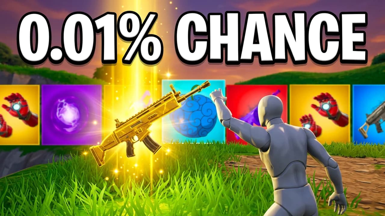 Fortnite rare loot thumbnail template, a player reaching for a gold rifle floating in a beam of light with a row of colourful item cards behind, 0.01% CHANCE text