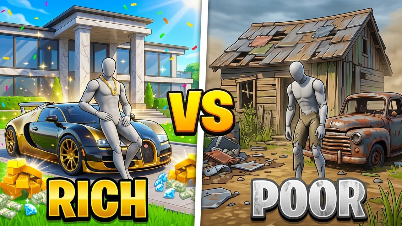 Fortnite rich vs poor thumbnail template, a player leaning on a gold sports car by a mansion with gold bars on the left and a player in torn trousers by a broken shack on the right, big VS