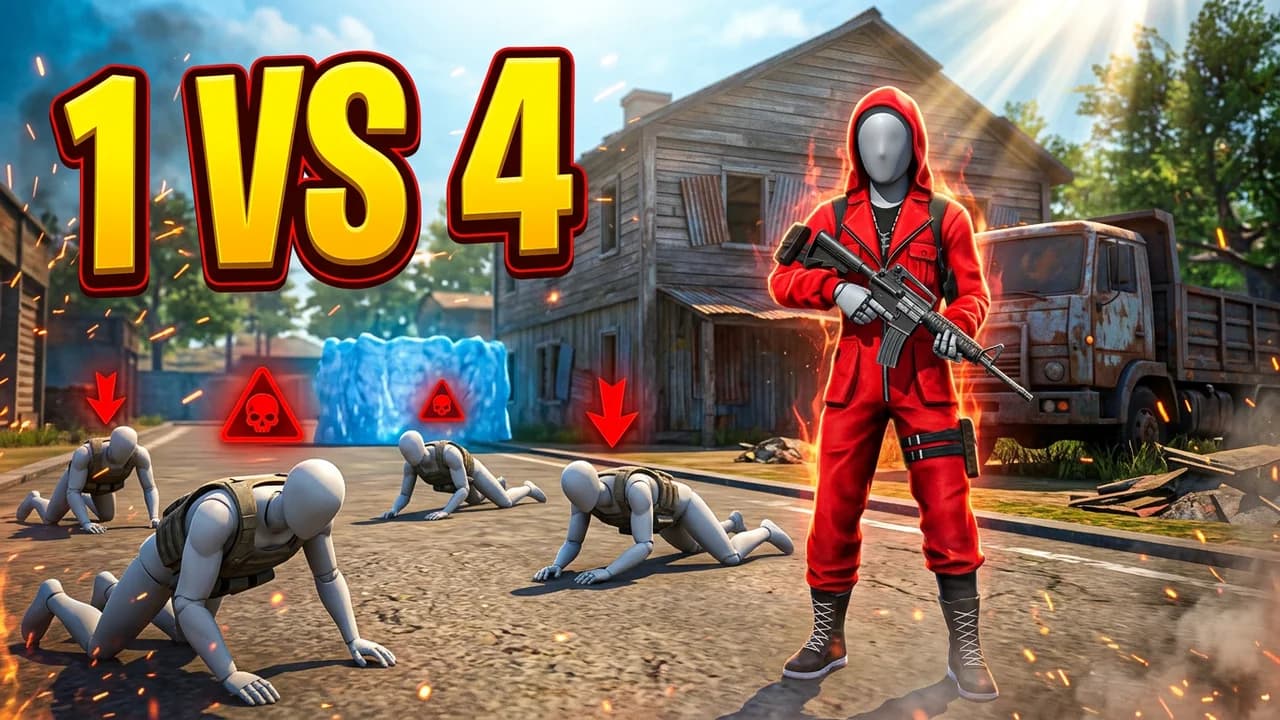 Free Fire 1 vs 4 clutch thumbnail template, a player in a red hooded outfit holding a rifle in a street with four knocked down enemies and red skull markers around him, a wooden house and old truck behind, 1 VS 4 in yellow
