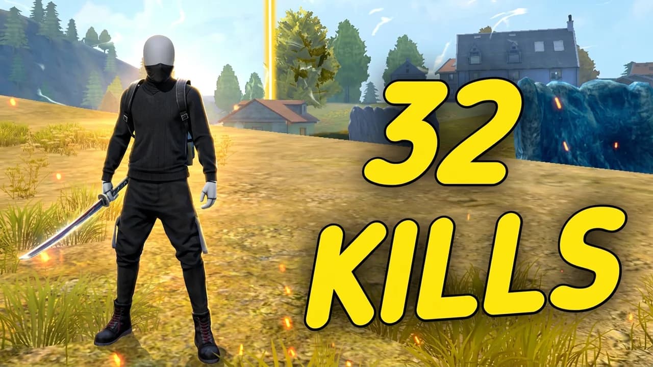 Free Fire 32 kills thumbnail template, a player in a black outfit and face mask holding a katana on a grassy hill, houses behind, a giant yellow 32 KILLS on the right