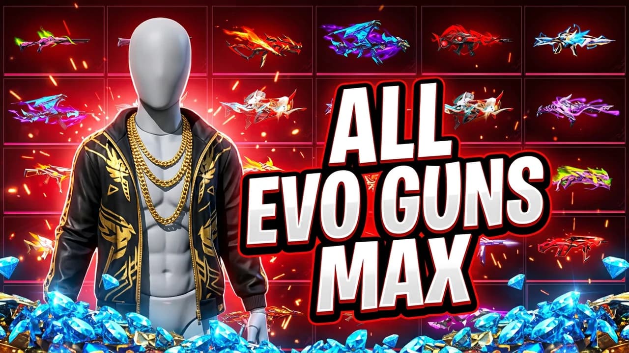 Free Fire all evo guns max thumbnail template, a player in a black and gold jacket with gold chains in front of a red grid of glowing gun skins, a pile of blue diamonds at the bottom, ALL EVO GUNS MAX in white