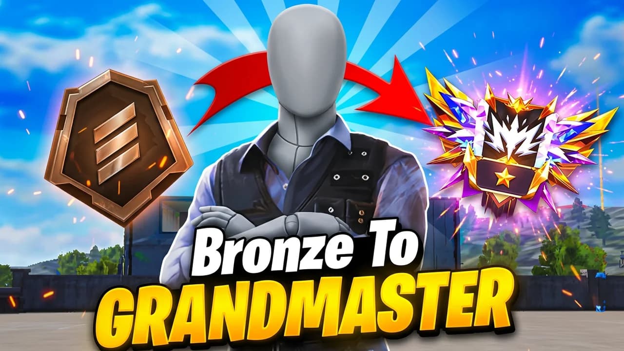 Free Fire Bronze to Grandmaster thumbnail template, a player in a black vest with arms crossed, a bronze rank badge on the left and a glowing winged Grandmaster badge on the right, a red arrow between them, Bronze To GRANDMASTER text