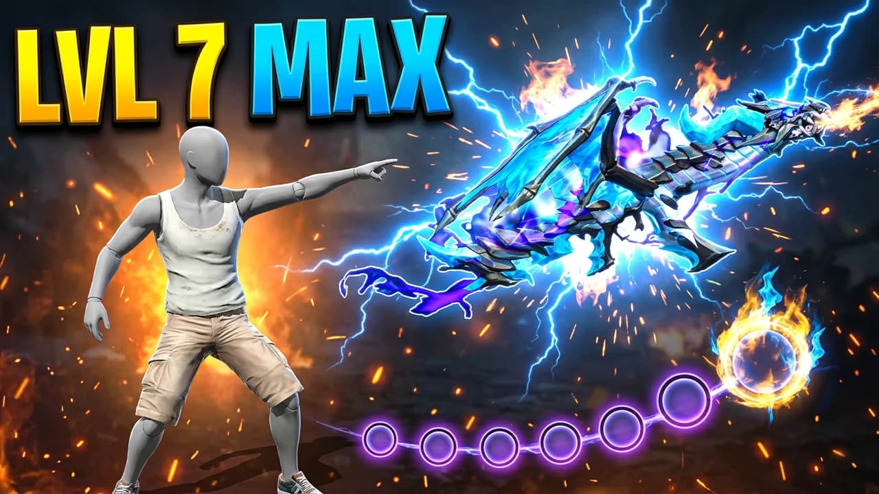 Free Fire evo gun max thumbnail template, a player in a white tank top pointing at a glowing blue and purple dragon skin rifle wrapped in lightning, a row of level circles with the last one on fire, LVL 7 MAX in yellow and blue