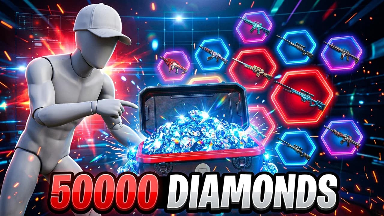 Free Fire diamond spin thumbnail template, a player in a white cap pointing at an open chest overflowing with blue diamonds, glowing red and blue hexagon prize tiles with gun skins, 50000 DIAMONDS in red and white