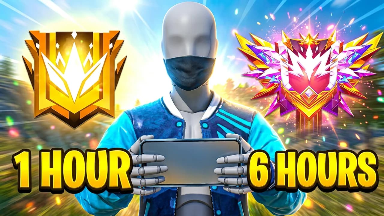 Free Fire speed rank push thumbnail template, a player in a blue varsity jacket and face mask holding a phone, a gold badge on the left and a pink winged Grandmaster badge on the right, 1 HOUR and 6 HOURS in yellow