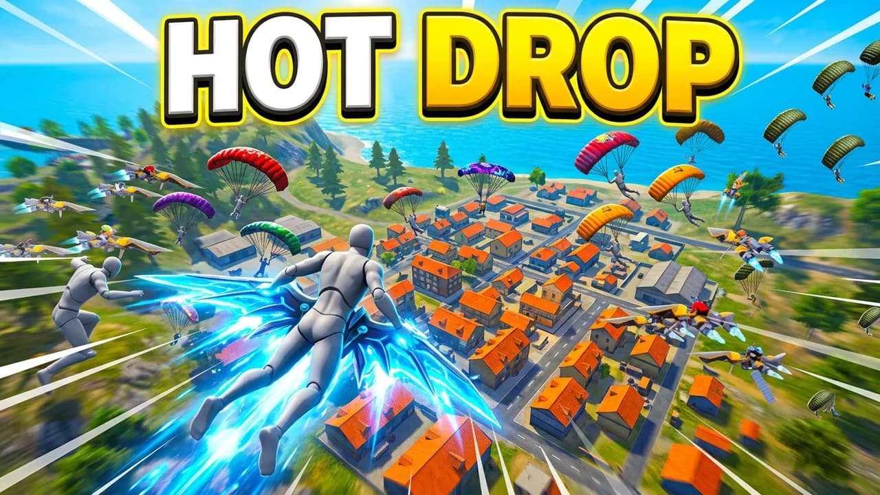 Free Fire hot drop thumbnail template, a player gliding on a glowing blue wing glider over a town of orange roofs, other players gliding and parachuting down around, the sea behind, HOT DROP in white and yellow
