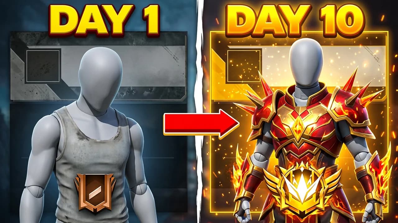 Free Fire noob ID to pro thumbnail template, a player in a plain grey tank top with a bronze badge on a dull player card, a red arrow to the same player in red and gold spiked armour with a gold winged badge, DAY 1 and DAY 10 in yellow