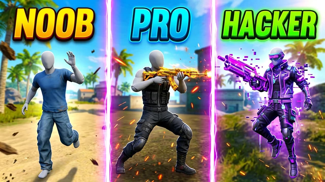 Free Fire noob vs pro vs hacker thumbnail template, three panels on a beach map split by purple light beams, a player in a plain blue t-shirt, a player in black tactical gear with a gold rifle and a glowing purple masked player with a neon gun, NOOB, PRO and HACKER at the top