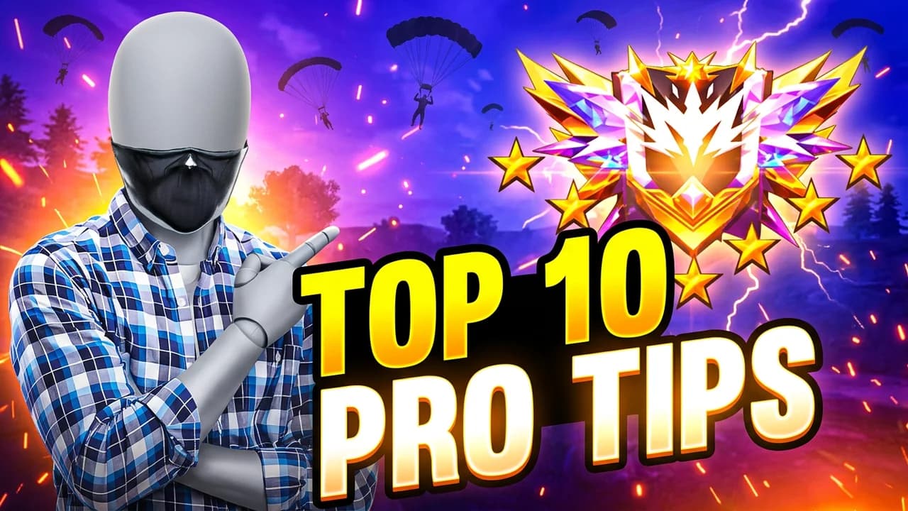 Free Fire pro tips thumbnail template, a player in a checked shirt and face mask pointing at a glowing winged Grandmaster badge ringed with gold stars on a purple sky with parachutes, TOP 10 PRO TIPS in yellow and white