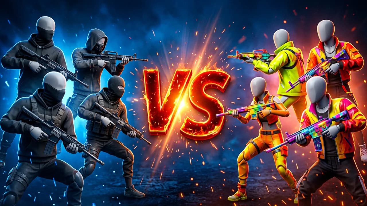 Free Fire squad vs squad thumbnail template, four players in black masked tactical gear on a blue side facing four players in bright yellow, orange and red outfits with rainbow guns on a fiery side, a big flaming VS in the middle