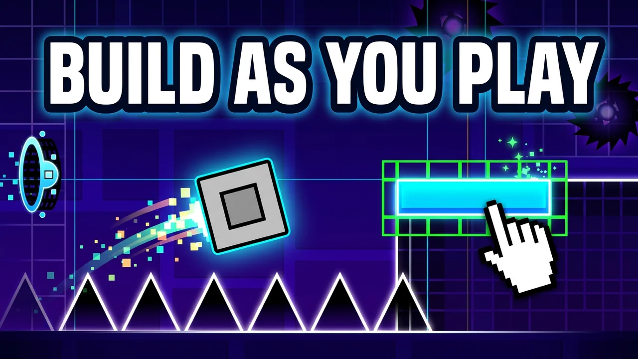 Geometry Dash builder thumbnail template, a pointer hand placing a glowing block just ahead of a grey cube jumping over a row of spikes on a blue grid, BUILD AS YOU PLAY text