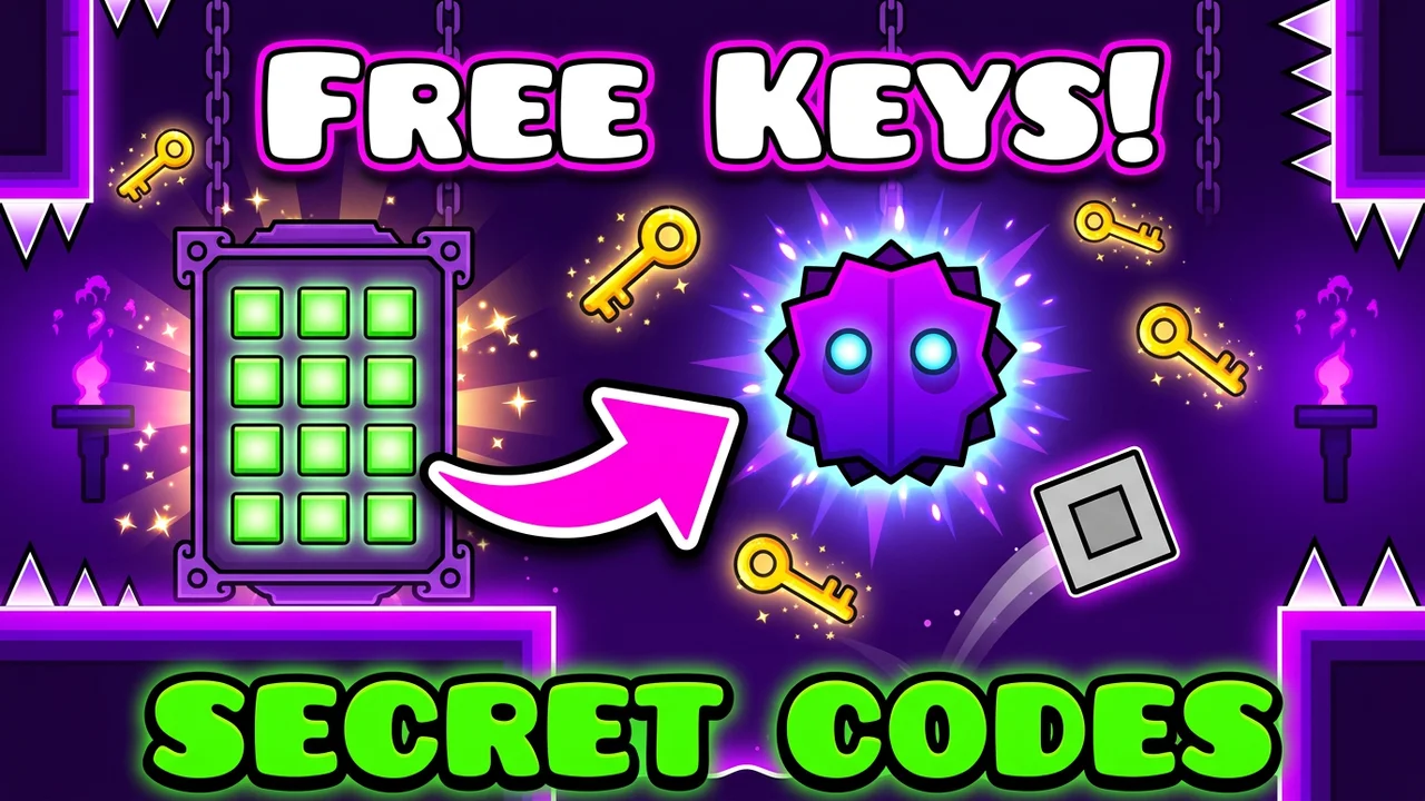 Geometry Dash secret codes thumbnail template, a glowing green keypad, a pink arrow to a purple spiky orb and golden keys floating in a purple vault, FREE KEYS! and SECRET CODES text