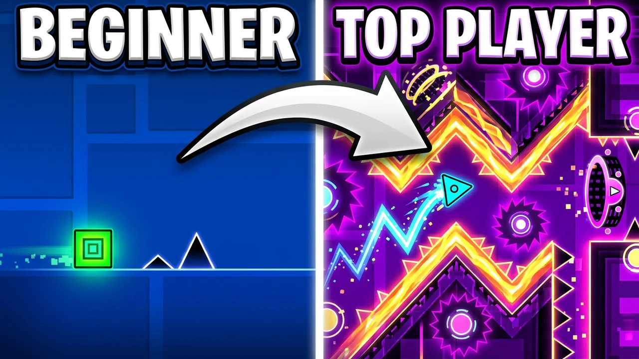 Geometry Dash progress split thumbnail template, a small green cube on a simple blue level, a white arrow to a neon purple wave level full of zig zags, BEGINNER and TOP PLAYER text