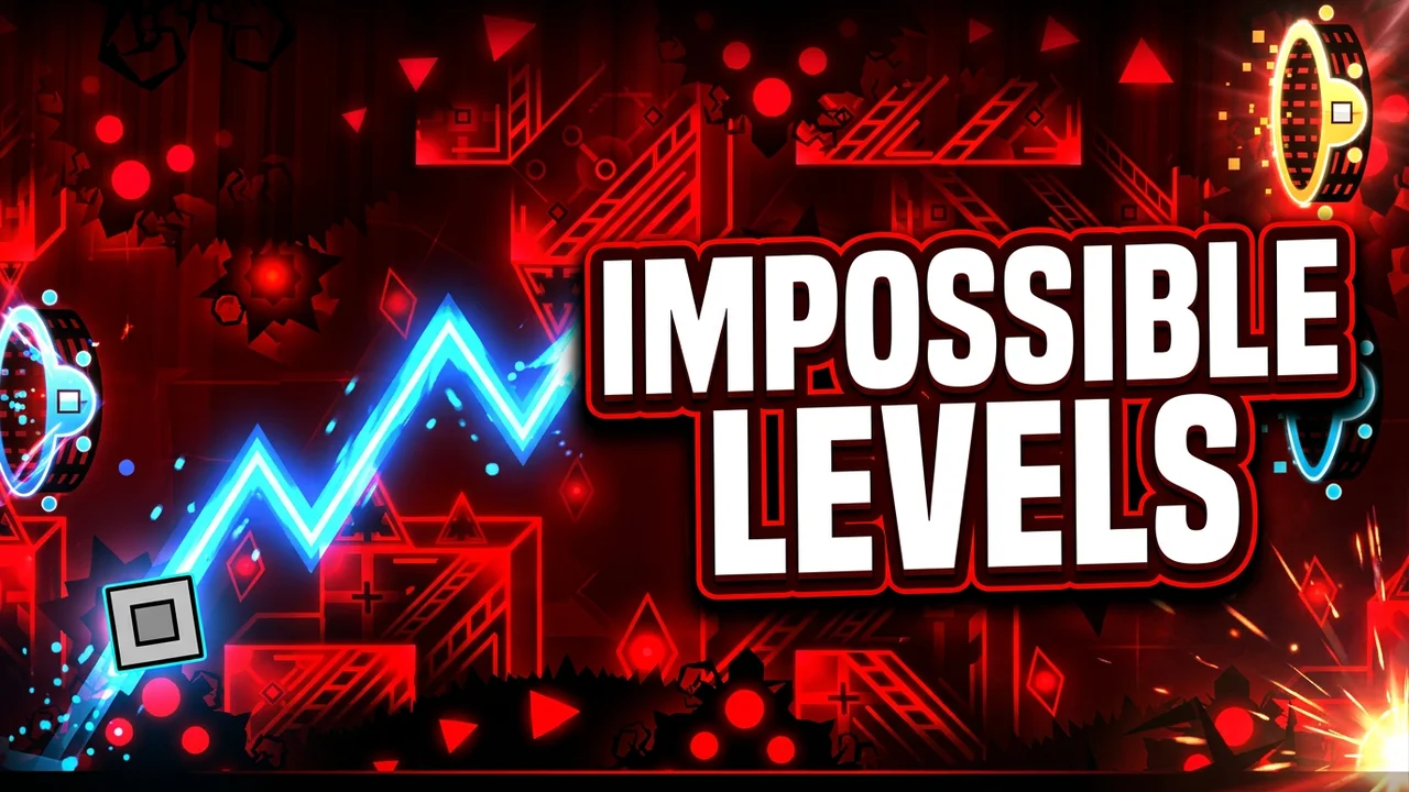 Geometry Dash impossible levels thumbnail template, a glowing blue wave trail zig zagging up through a red level packed with spikes, a grey cube at the start, IMPOSSIBLE LEVELS text