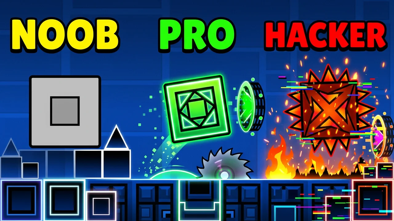 Geometry Dash noob pro hacker thumbnail template, a plain grey cube, a glowing green cube and a spiky red cube in flames and glitch lines on a blue grid level, NOOB, PRO and HACKER text