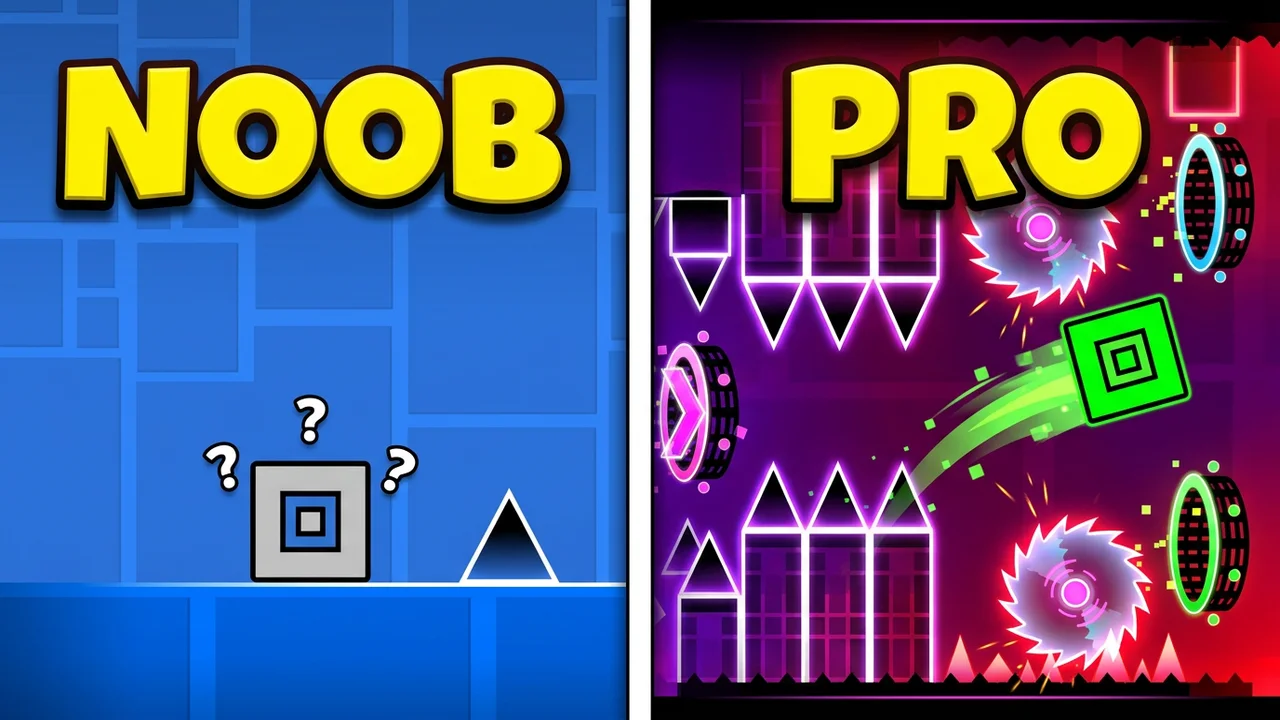 Geometry Dash noob vs pro split thumbnail template, a confused grey cube by one small spike on a plain blue level on the left, a green cube flying through a neon purple level of spikes and saw blades on the right, NOOB and PRO text