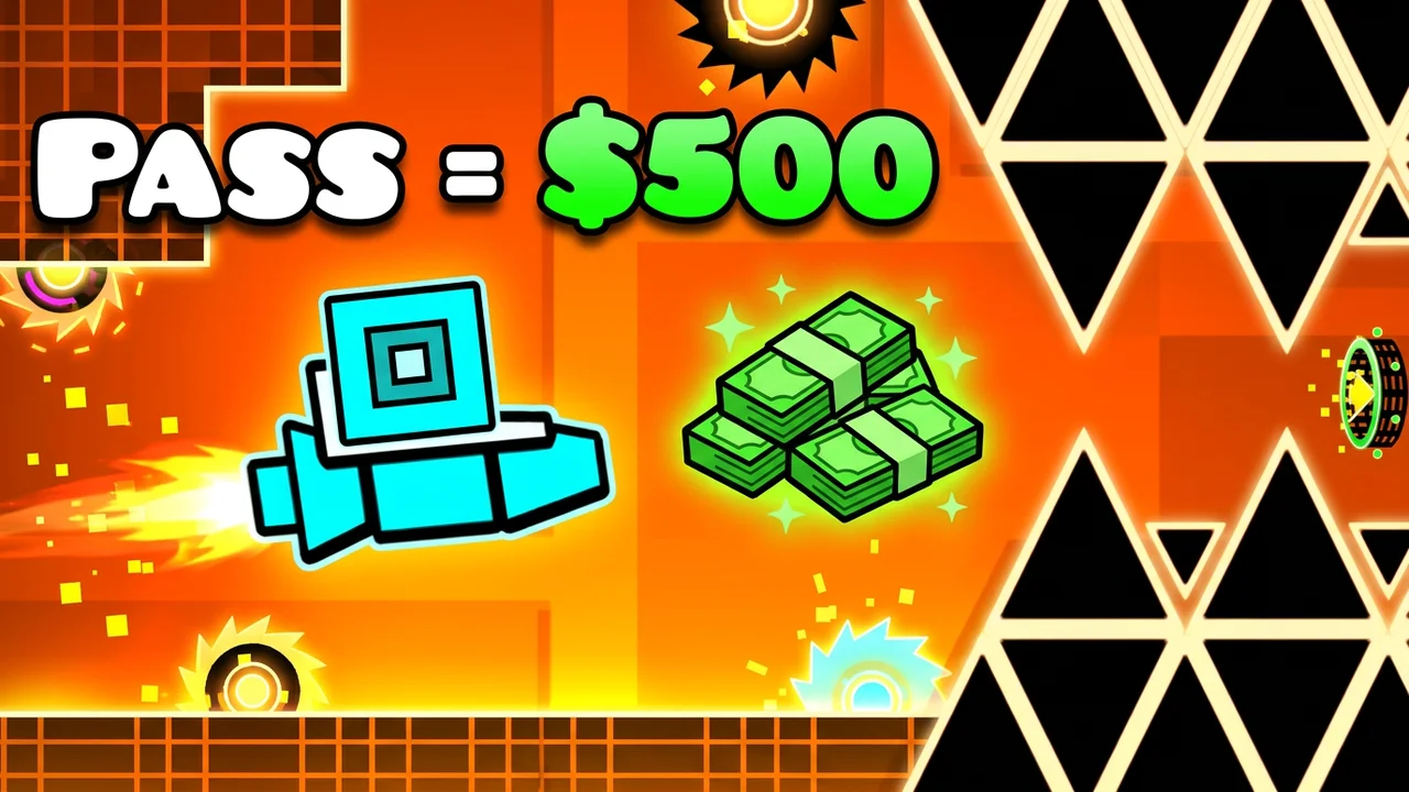 Geometry Dash challenge thumbnail template, a cyan ship flying past a wall of black spikes on an orange level with a stack of cash beside it, PASS = $500 text