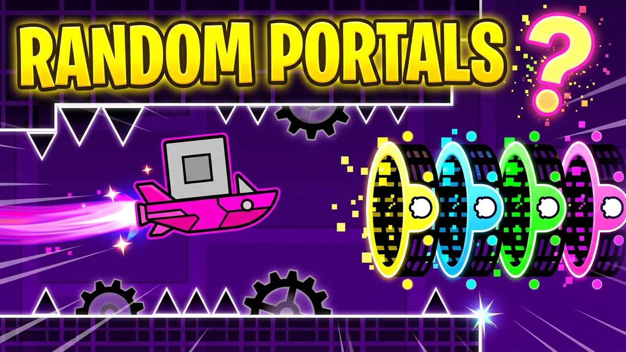 Geometry Dash random thumbnail template, a pink ship with a grey cube flying at a row of yellow, blue, green and pink portals under a big question mark, RANDOM PORTALS text
