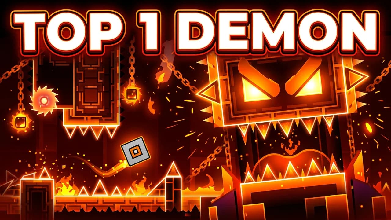 Geometry Dash hardest level thumbnail template, a giant angry fiery face made of blocks, spikes and chains towering over a tiny grey cube, TOP 1 DEMON text