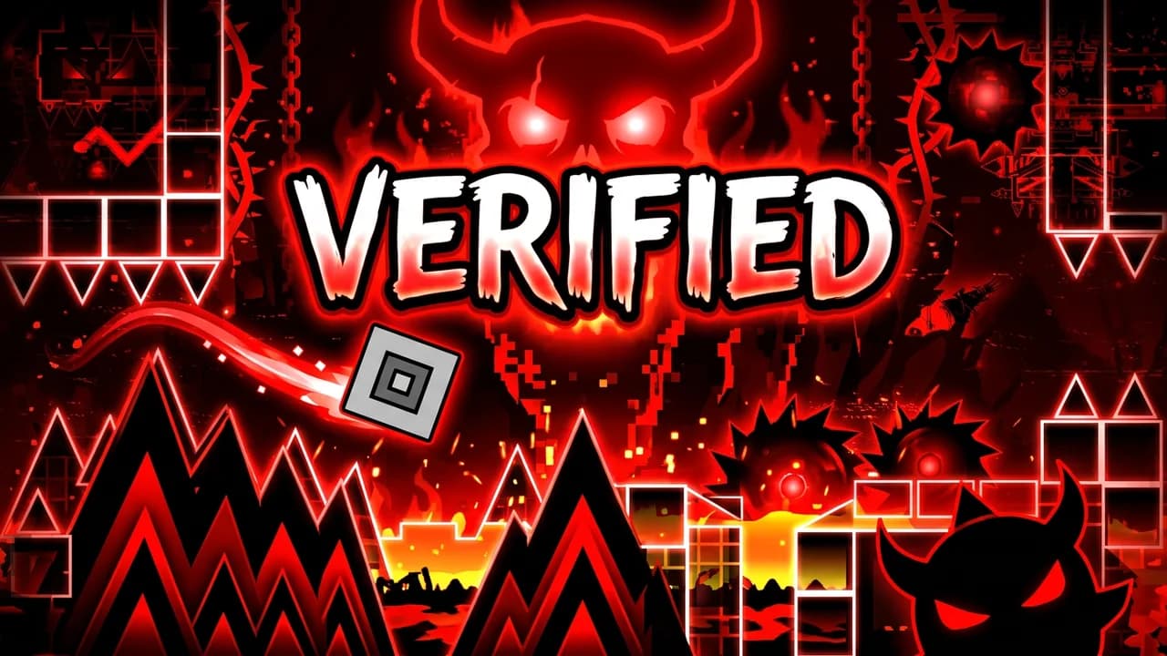 Geometry Dash extreme demon thumbnail template, a grey cube flying through a red and black level of jagged spikes under a glowing horned skull, VERIFIED text